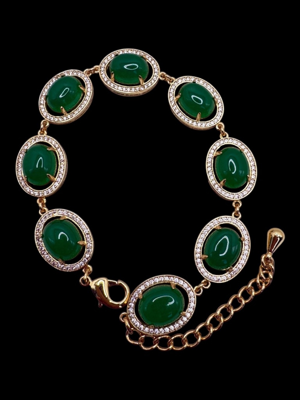 Green Chrysocolla Gemstone Oval Link Bracelet with Crystals in Goldtone